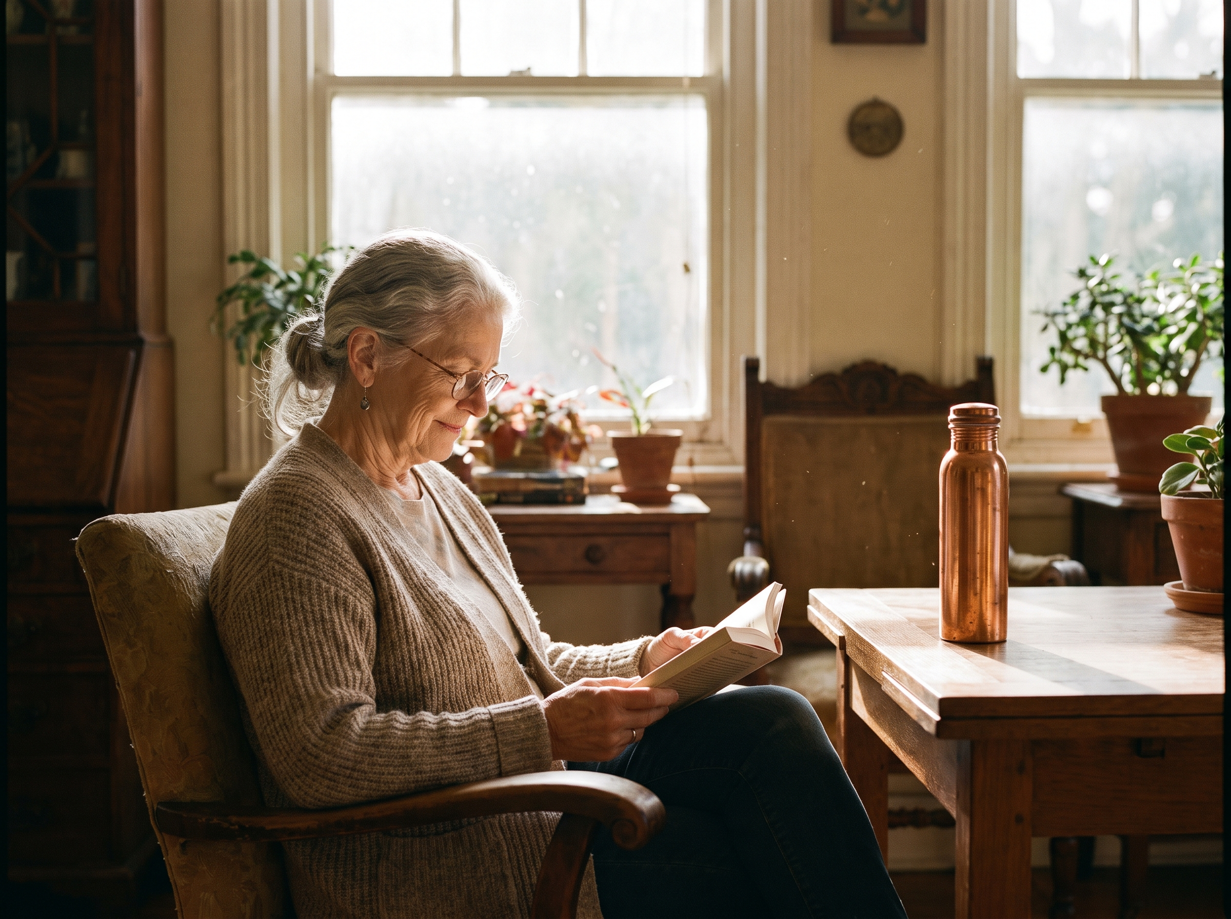 An older woman reading by a bright window, sharp and clear-eyed.