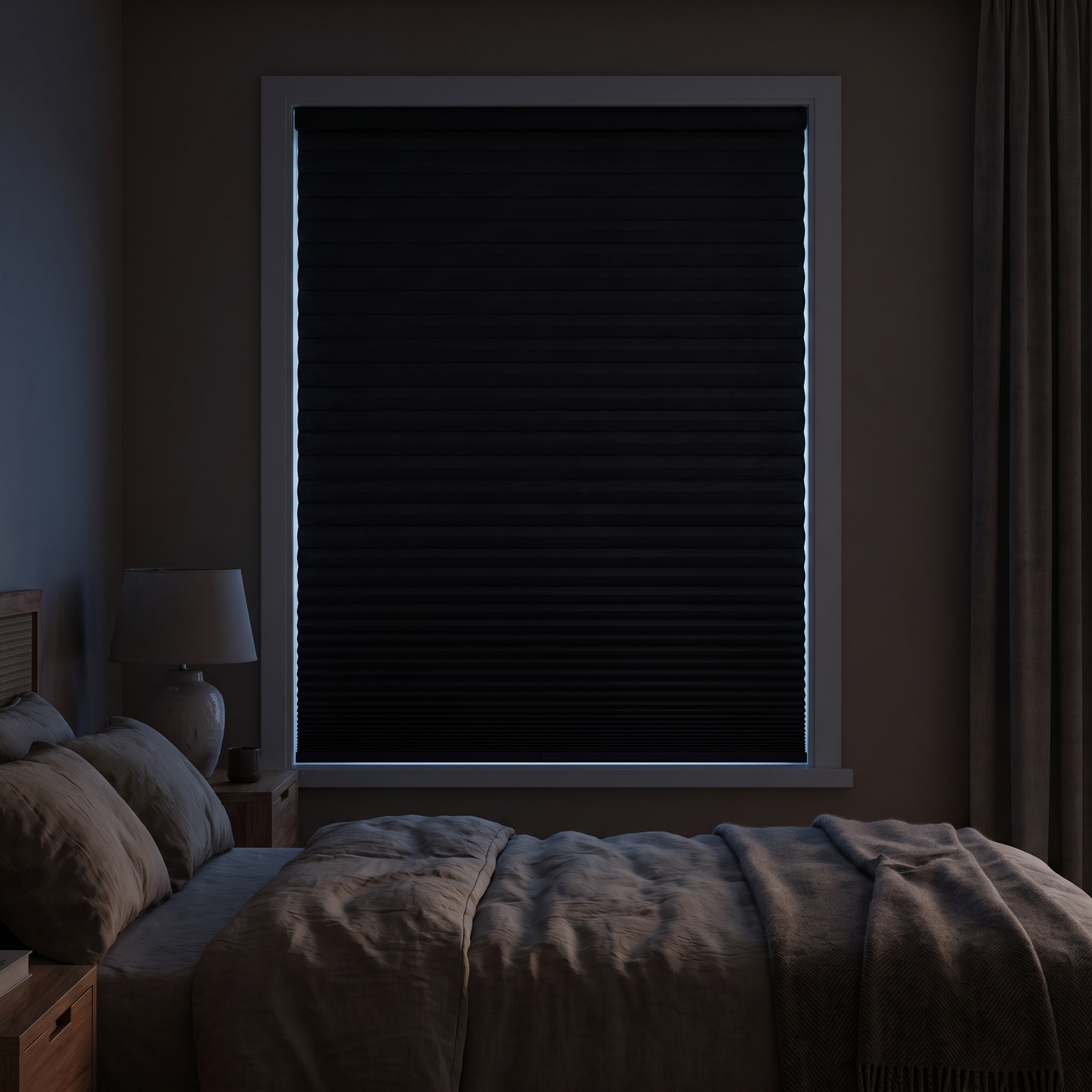 A matte black cellular blackout shade sealing a bedroom window at dawn, the room in deep darkness.