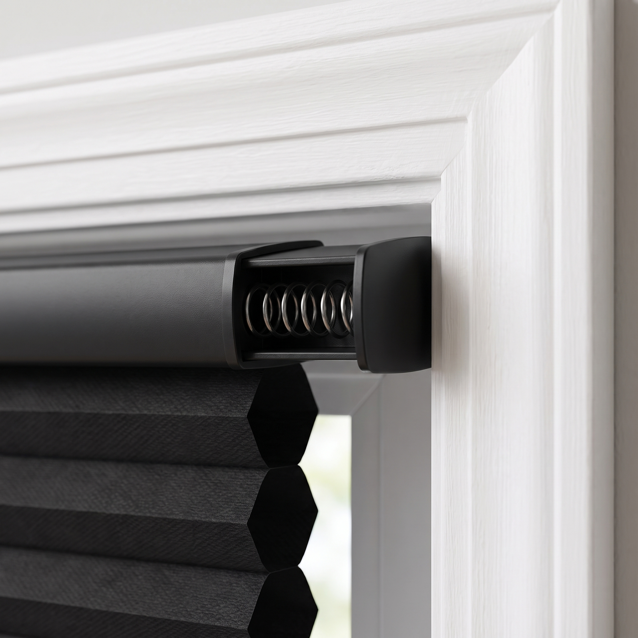 Close-up of the spring-loaded tension end cap on the side of the headrail pressing into the window frame, no drilling.