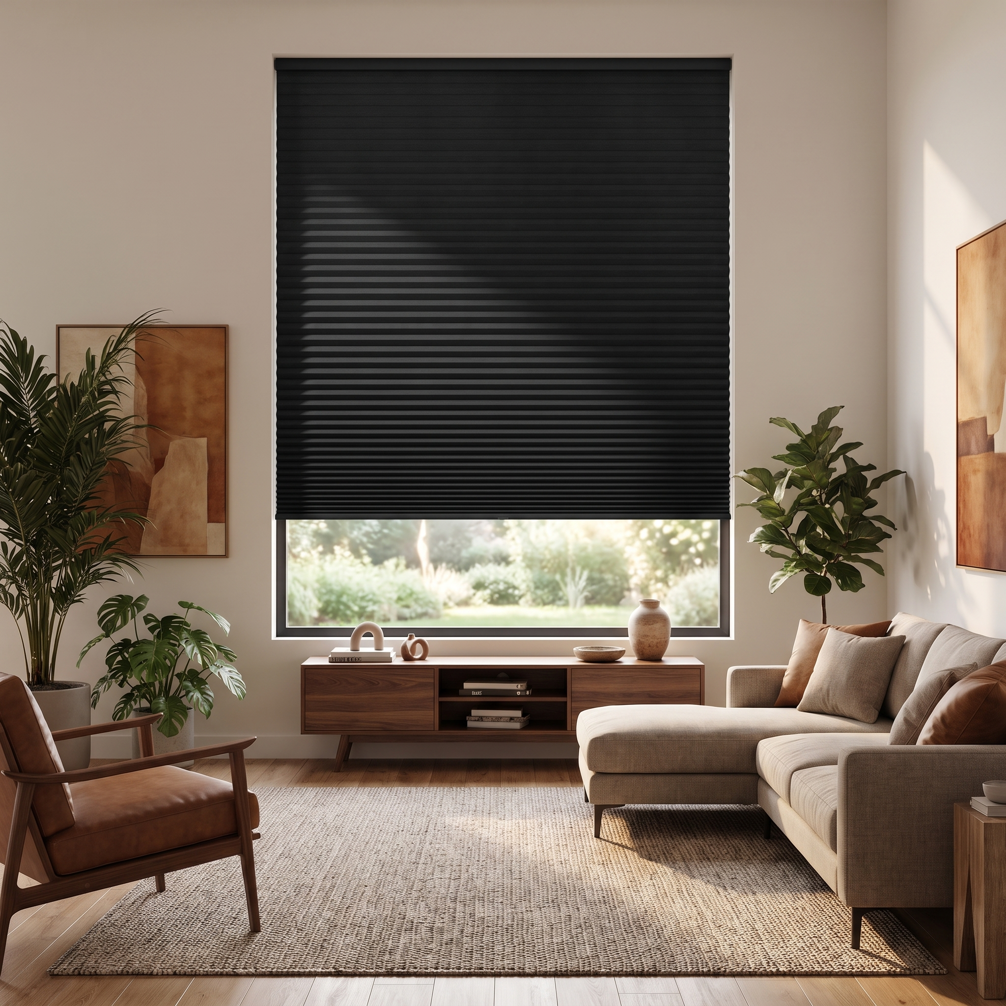 A premium matte black cellular shade hanging from the top of a large window in a stylish modern living room.