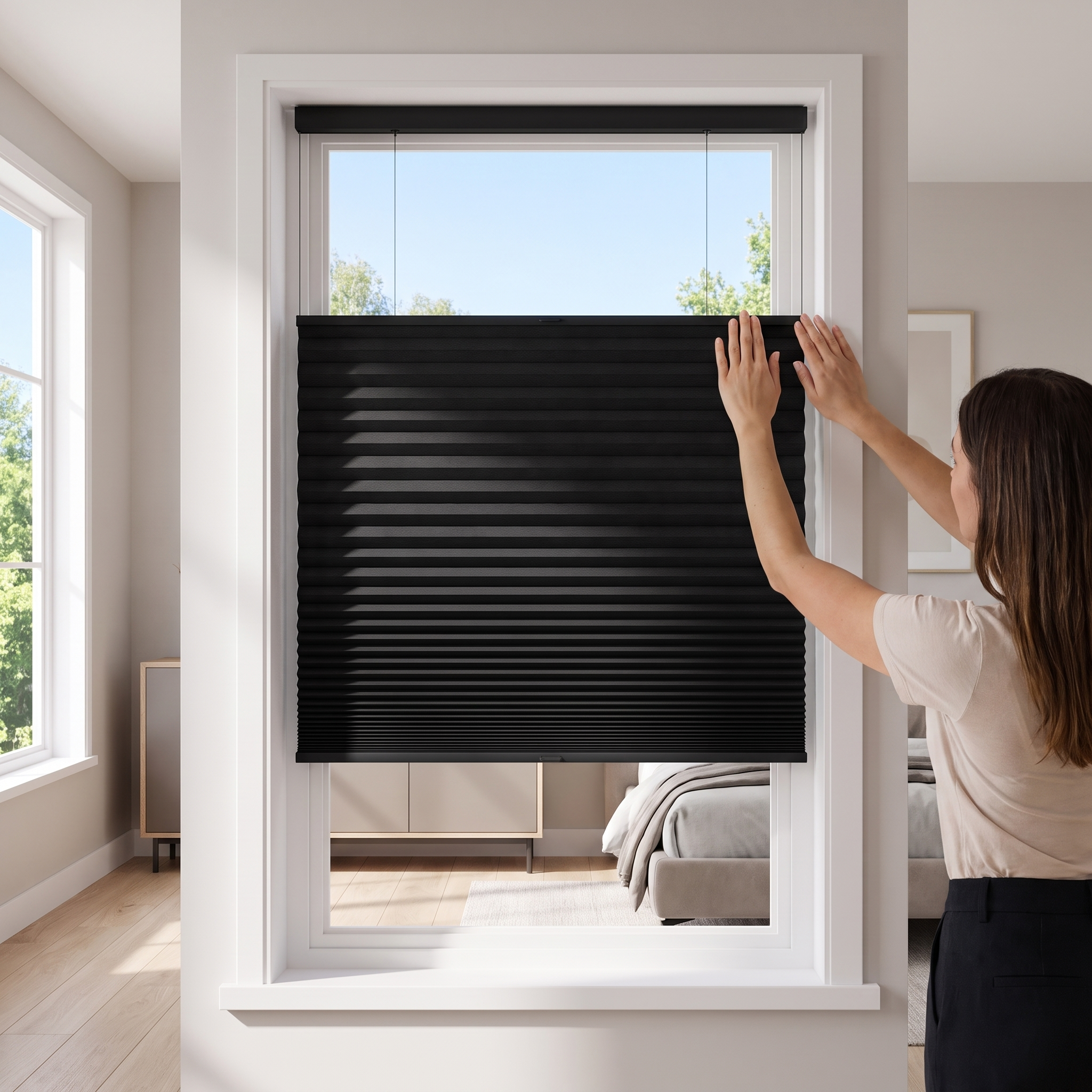 A woman seating a matte black cellular shade into the top of a bright window in seconds.