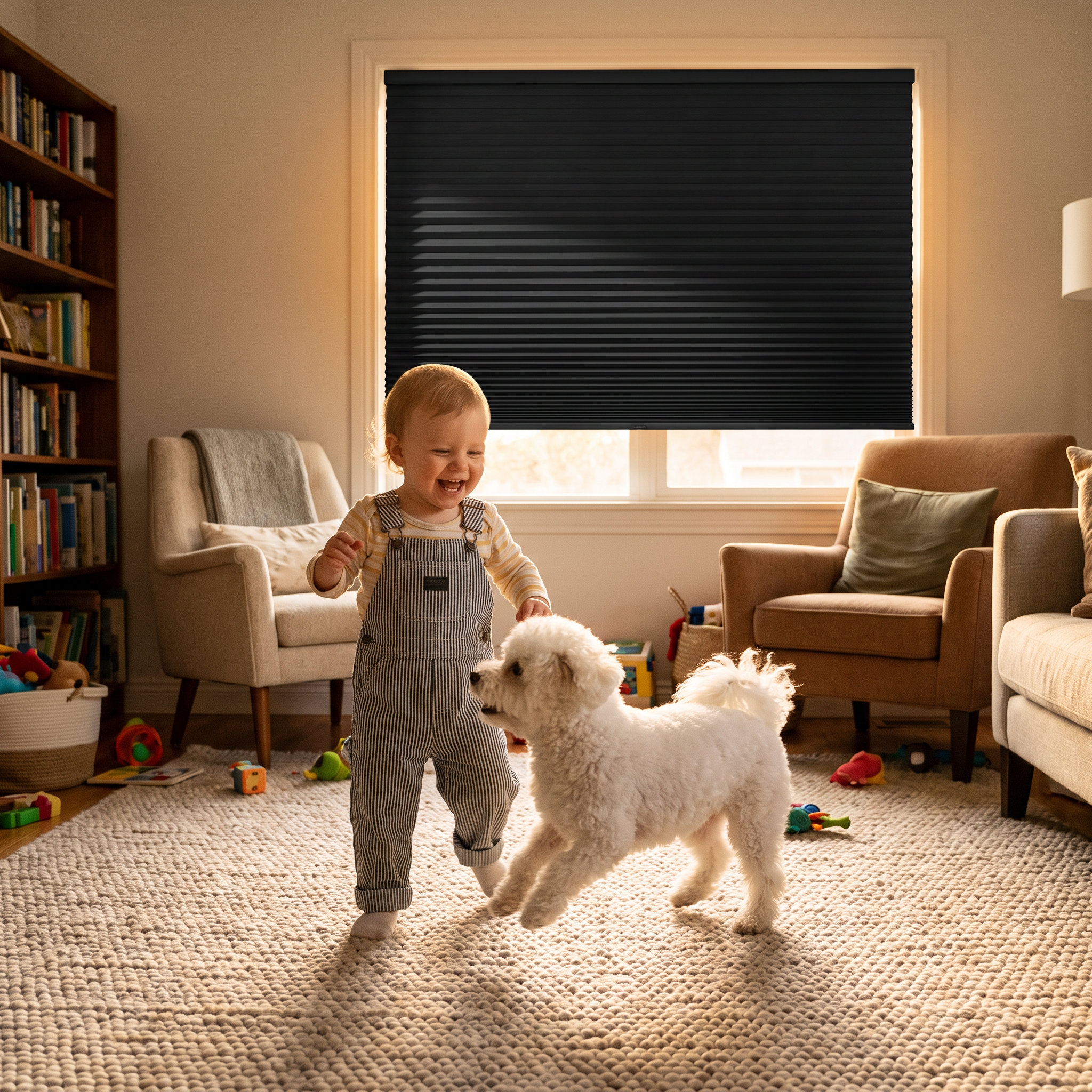 A toddler and a small dog playing safely in front of a window sealed by a cordless matte black shade, no cords anywhere.
