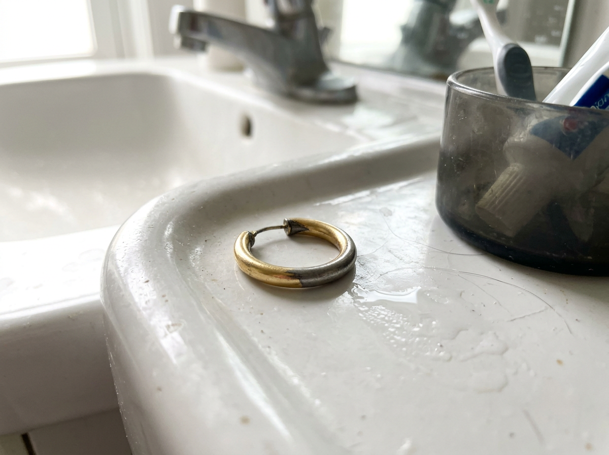Pendiente dorado gastado en el borde del lavabo