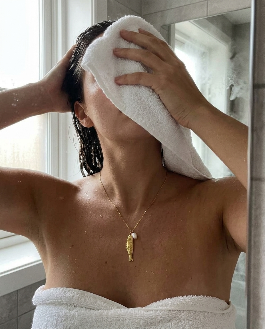 Mujer secándose el pelo con el Collar Pez puesto