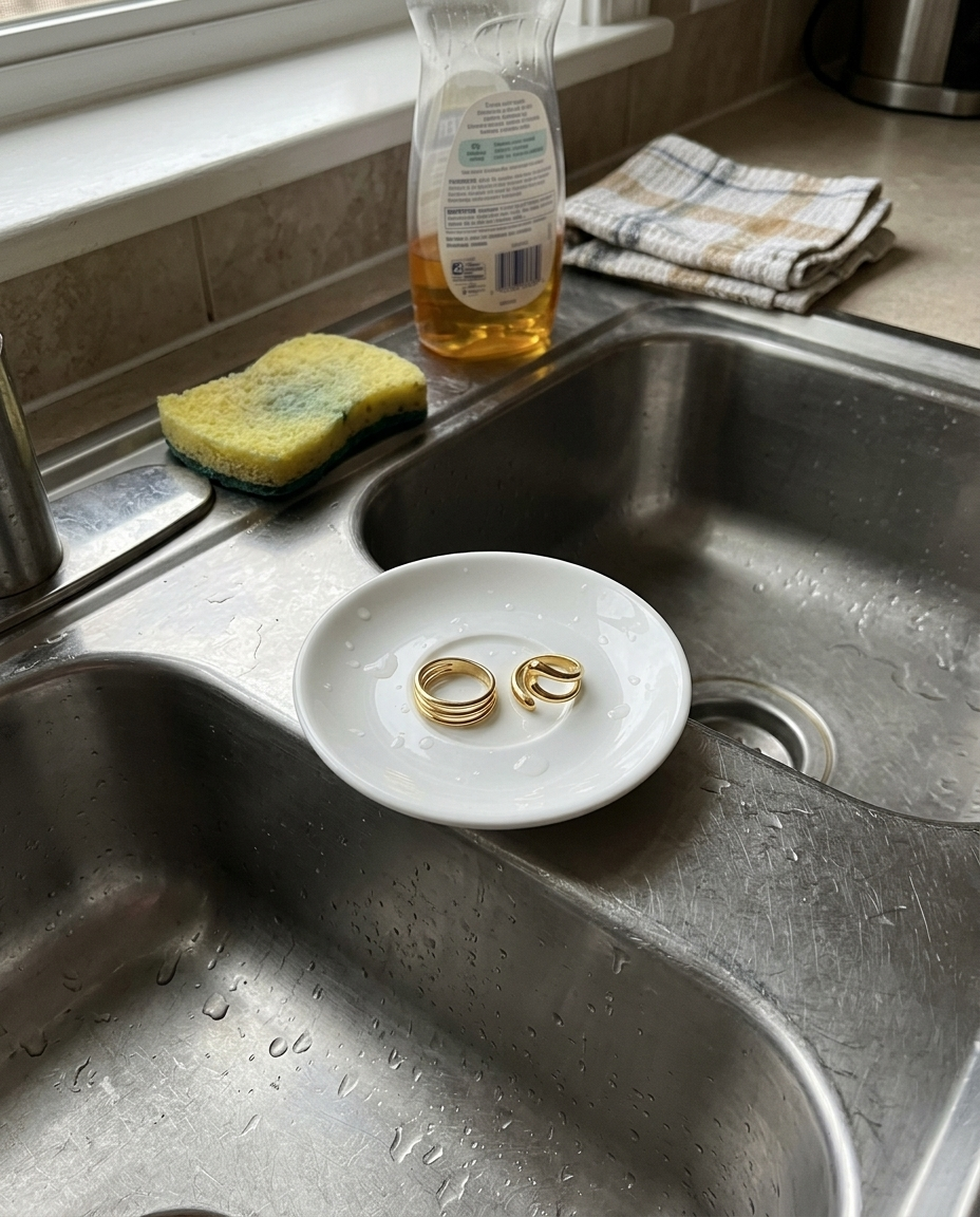 Anillos en un platito junto al fregadero