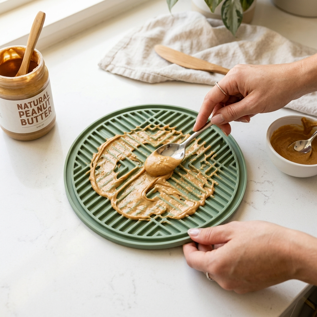 Spreading peanut butter onto the LickCalm mat