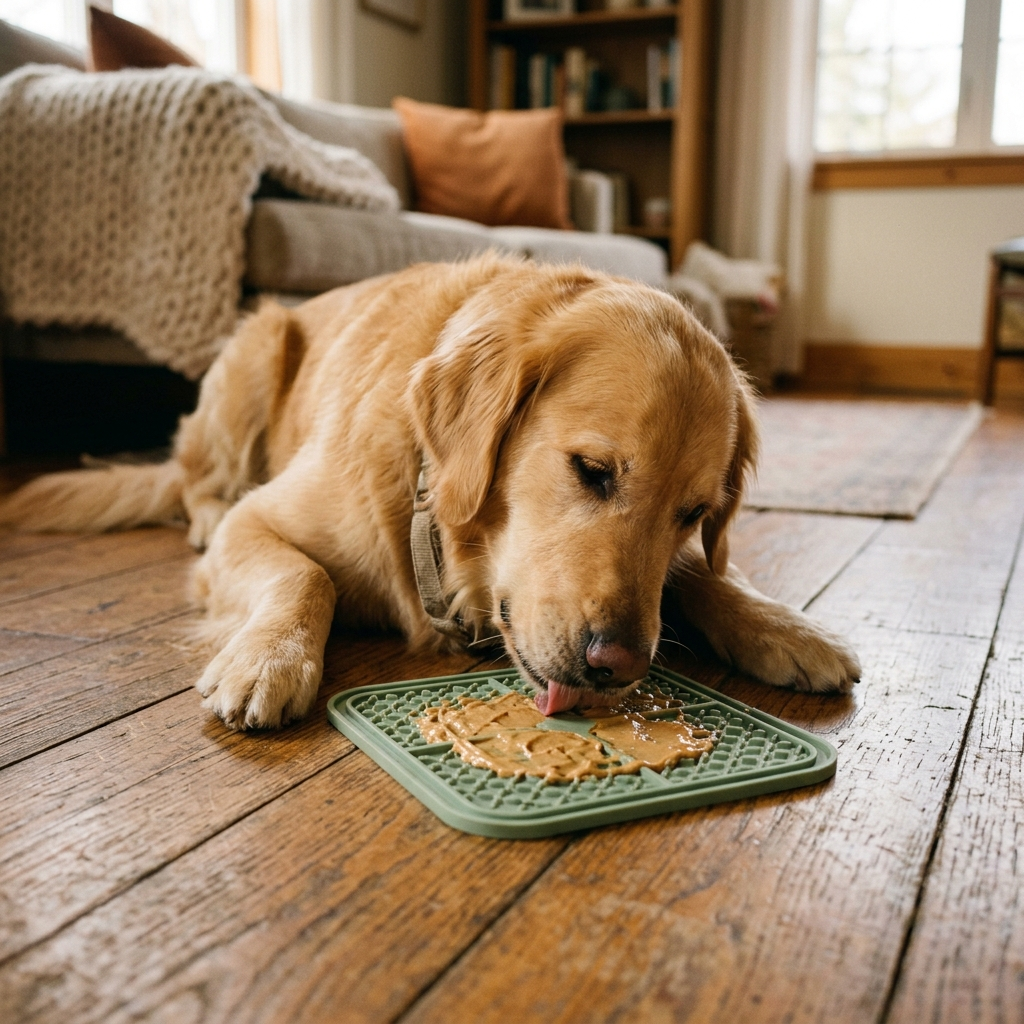 Golden retriever calmly licking the LickCalm mat