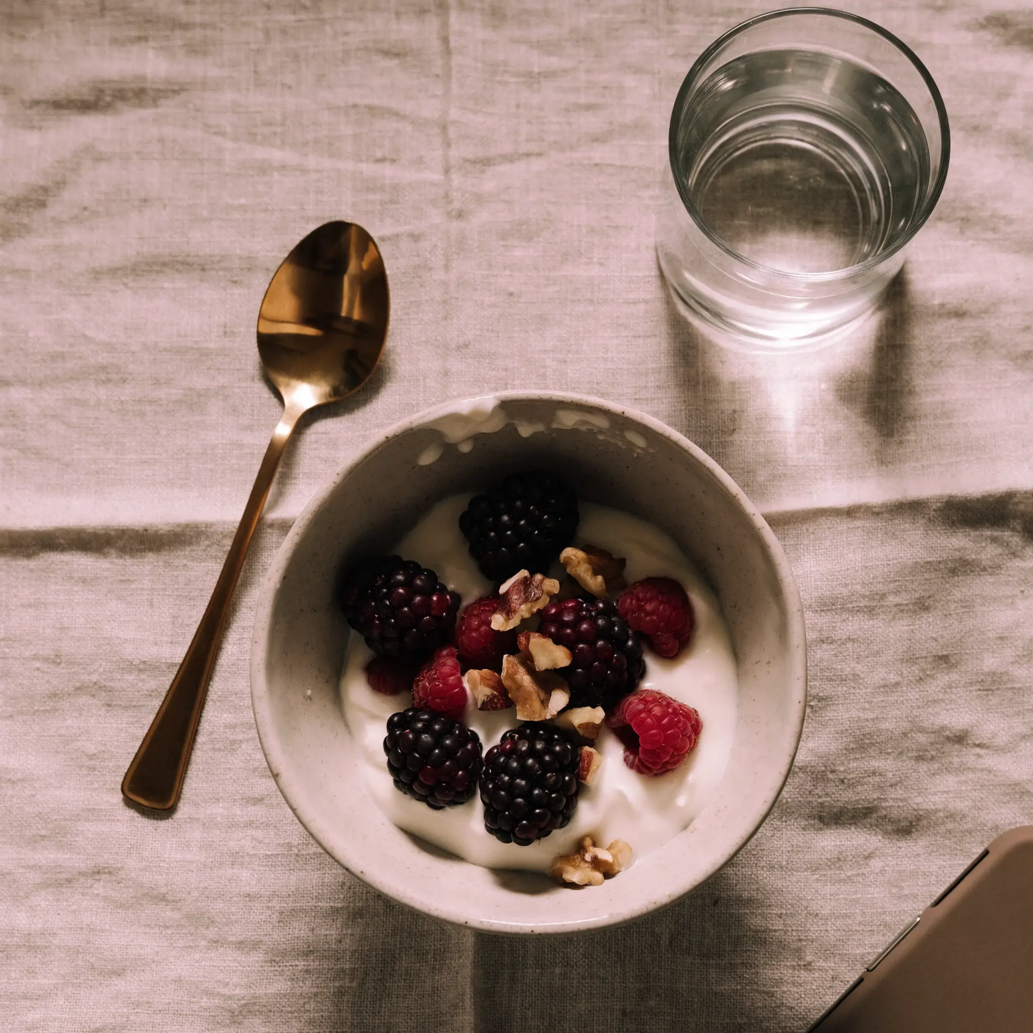 A bowl of Greek yogurt with berries and walnuts