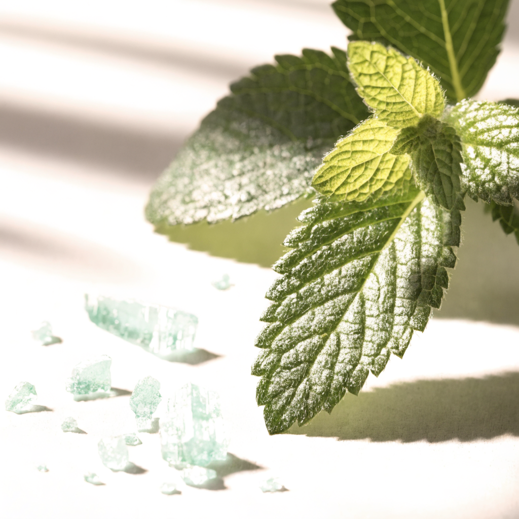 Peppermint leaves and menthol crystals