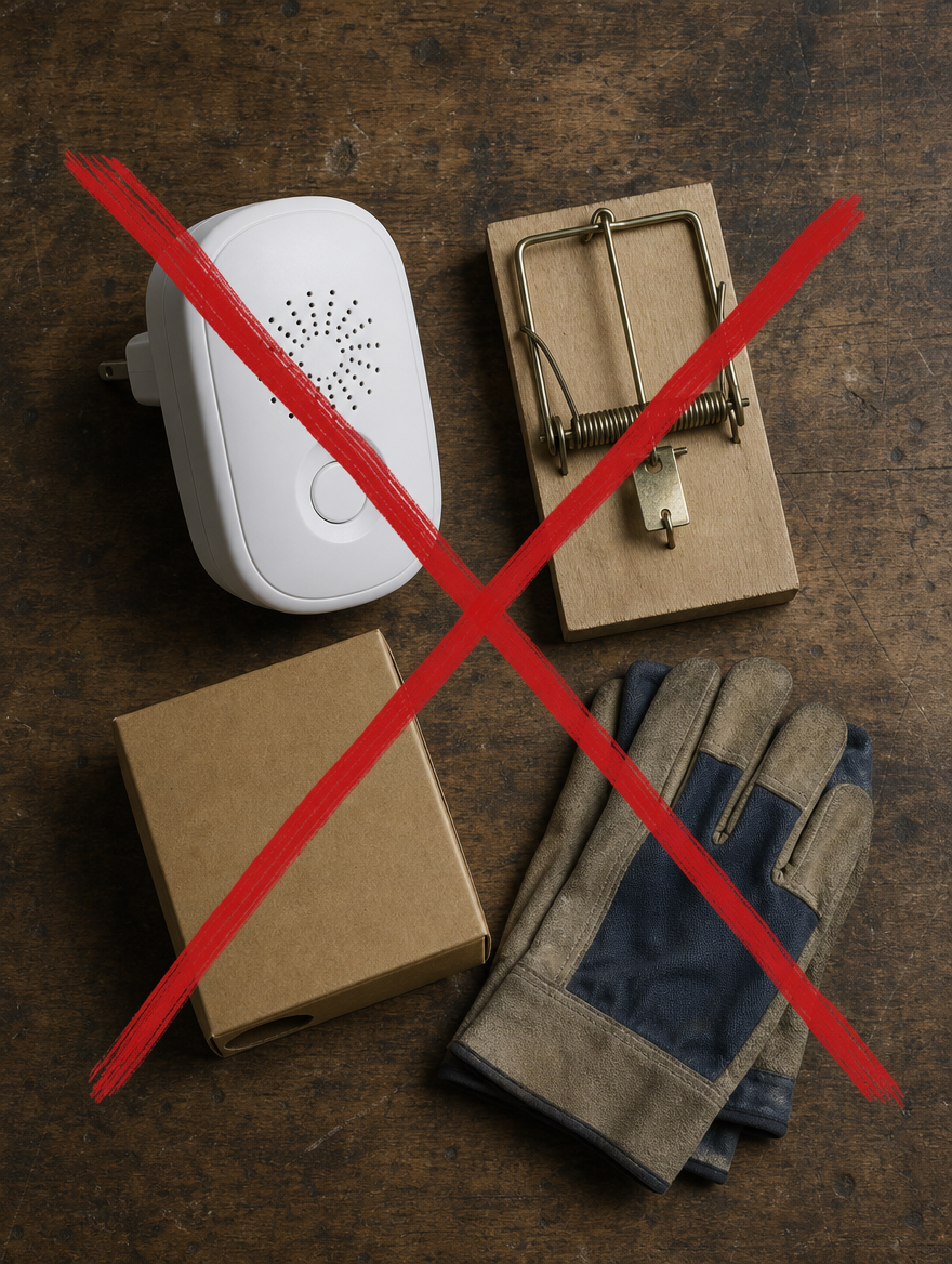 Failed pest products: plug-in, trap, poison, crossed out