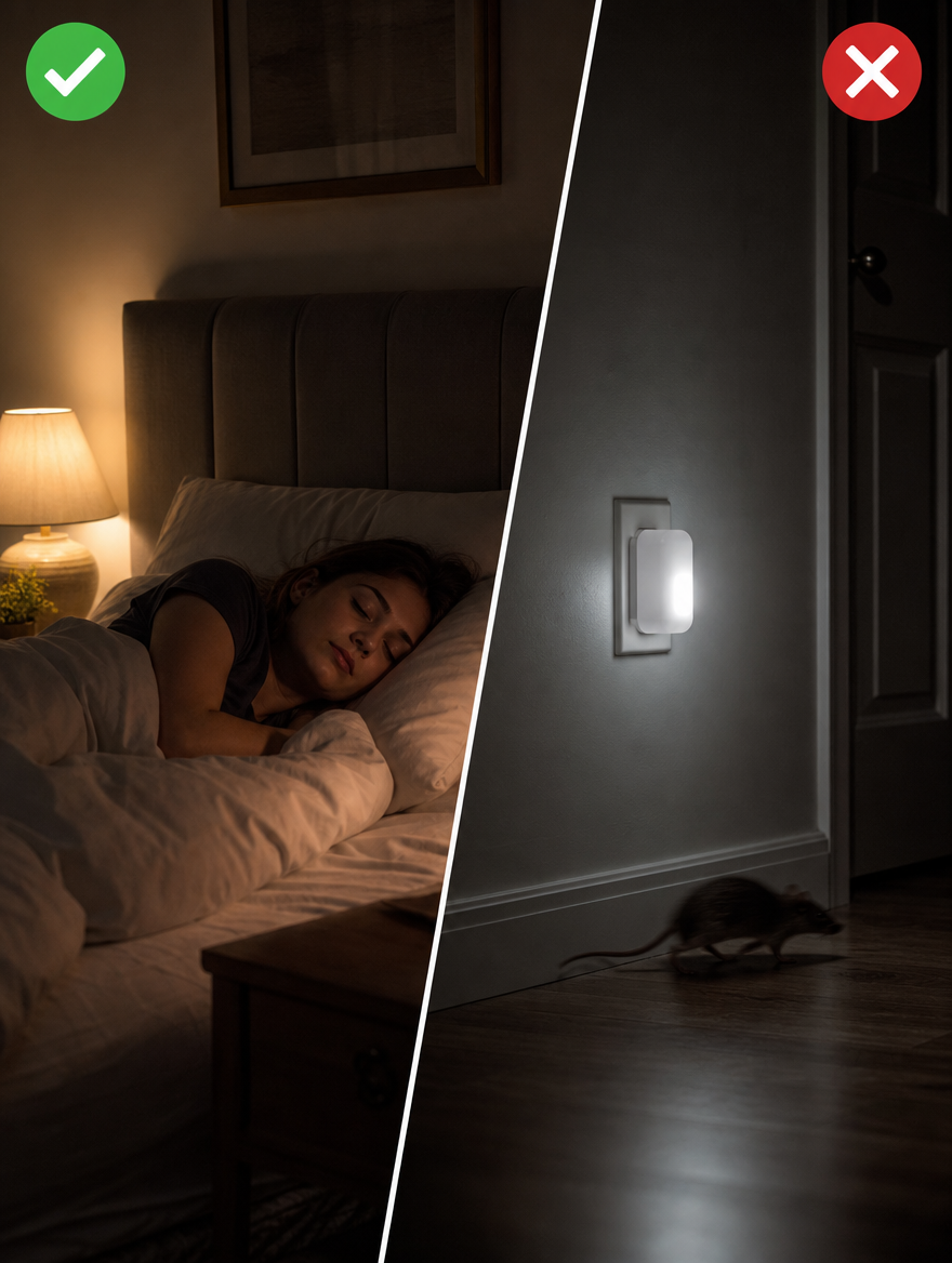 Split comparison: calm sleep versus a failed plug-in device in a dark hallway