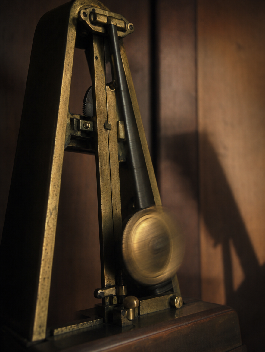 Close-up of a metronome mid-swing with shifting shadows