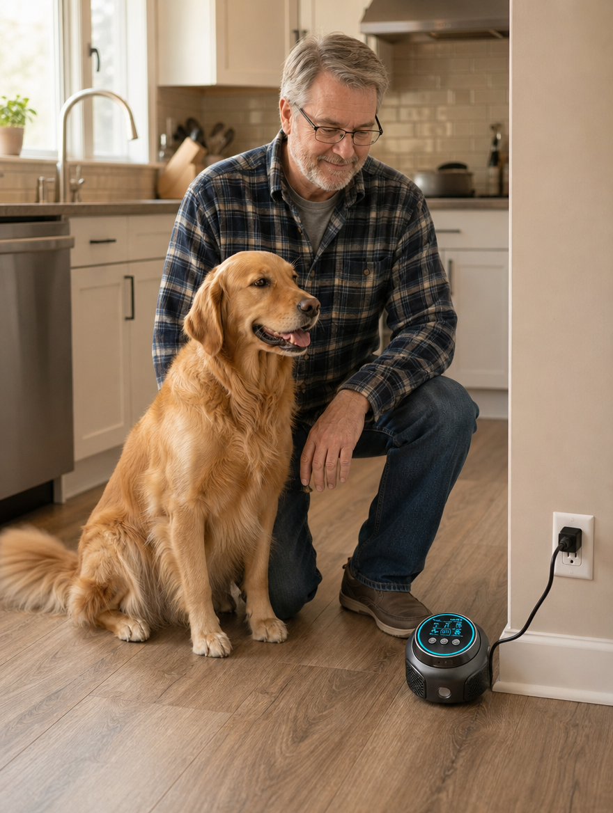 Device on a kitchen floor near an older man and a golden retriever