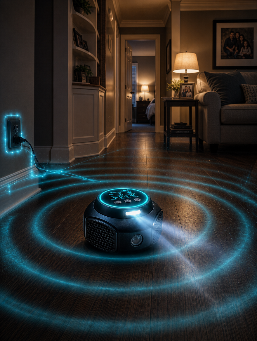 Device on a basement floor emitting four rotating light pulses