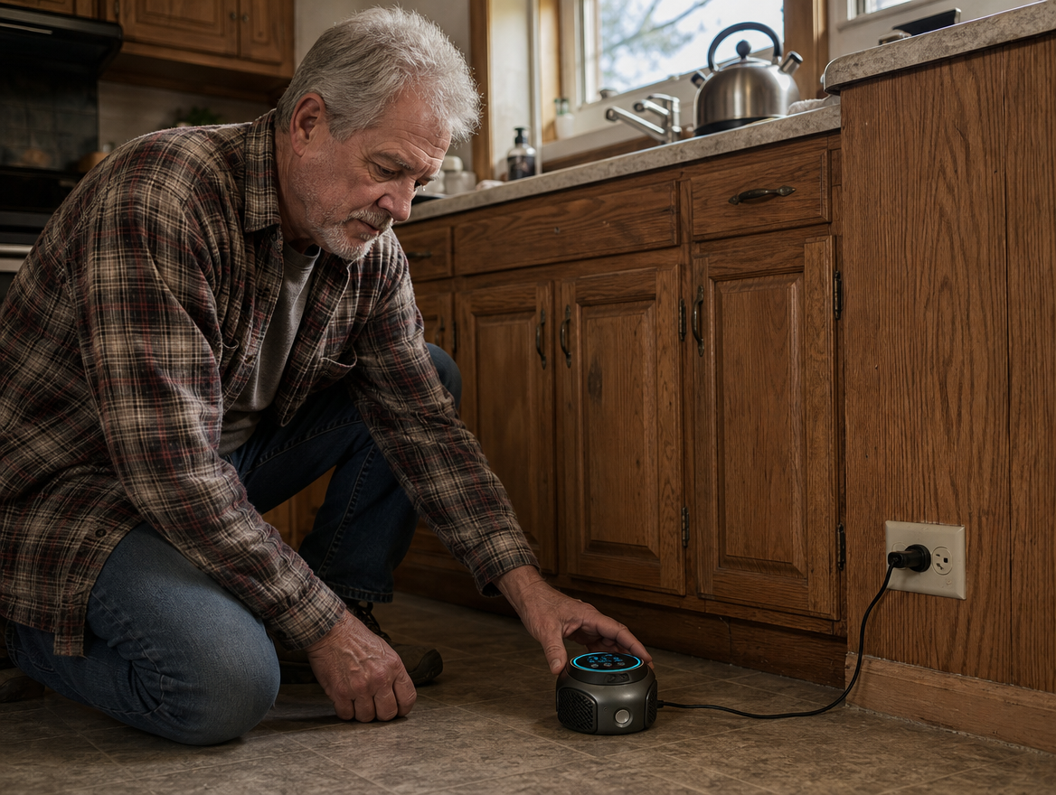 David setting the Rodent Shield near the baseboard, connected by cable to the wall outlet