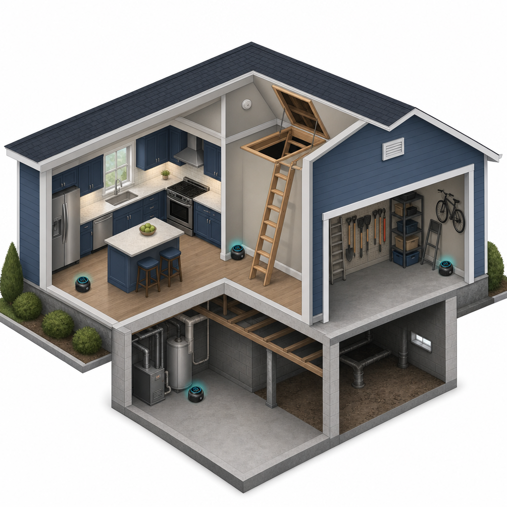 Isometric home cutaway showing where the Rodent Shield can be placed around a home