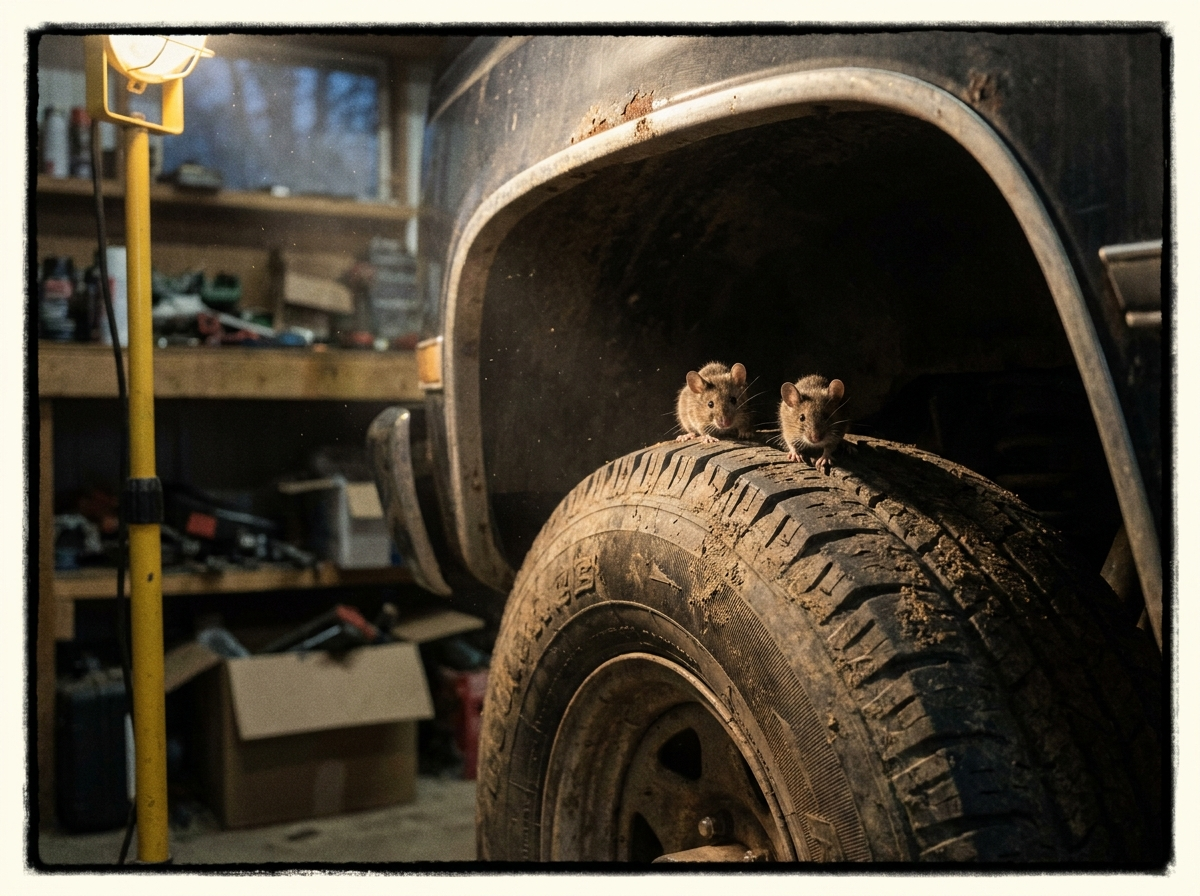 Two mice on the tire of a truck parked in a home garage