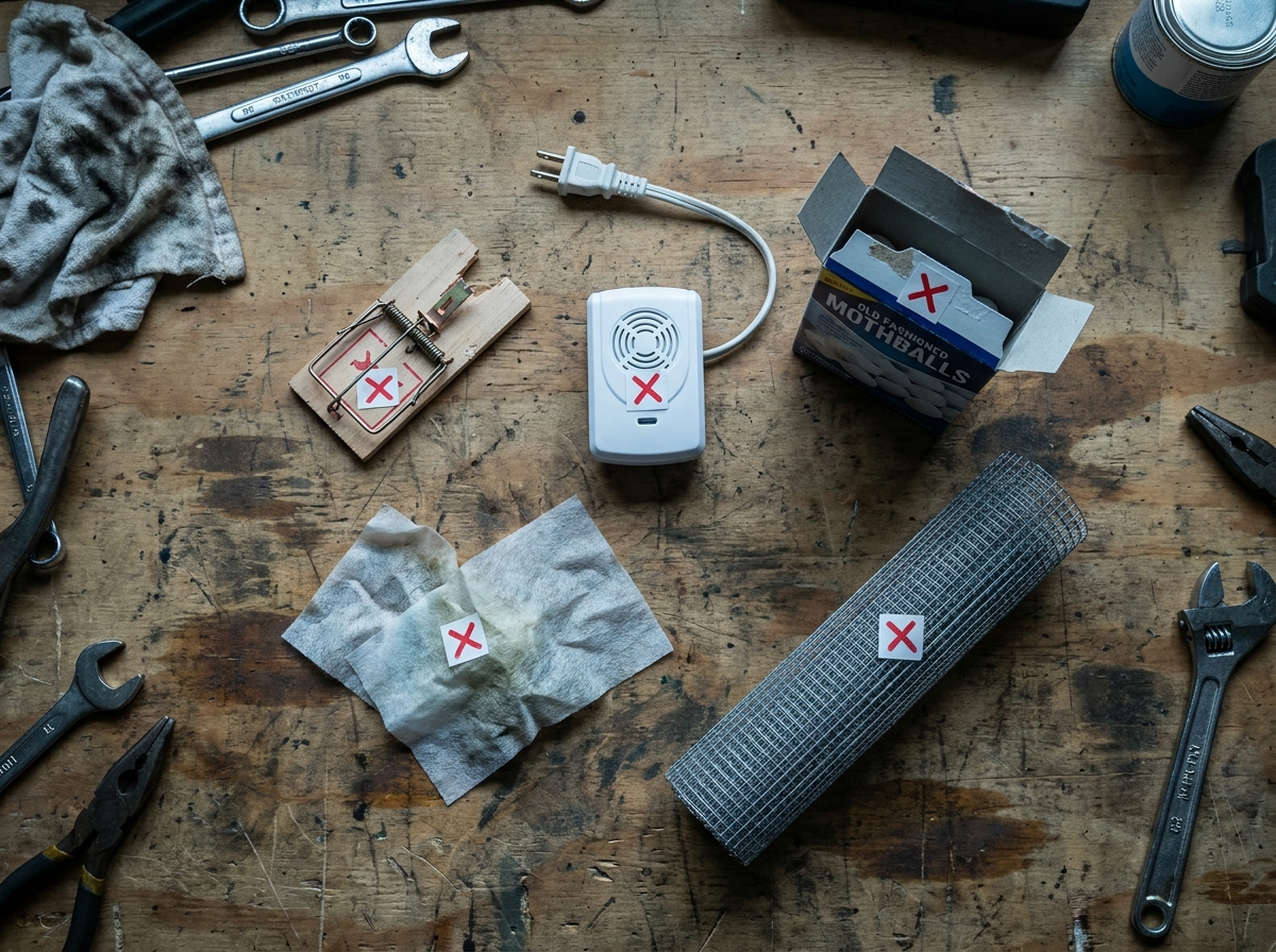 Failed rodent-control methods laid out on a workbench, each crossed out