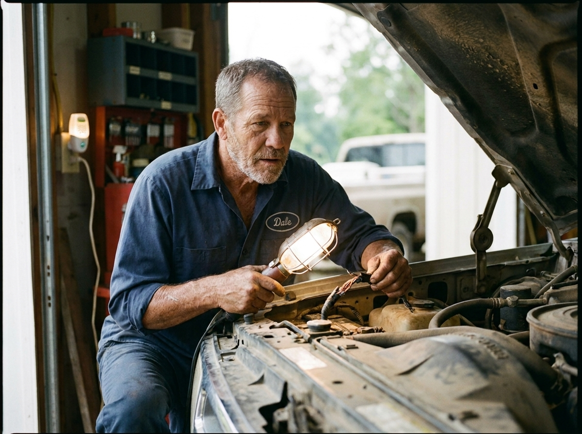 Mechanic inspecting chewed wiring in a truck's engine bay in a home garage