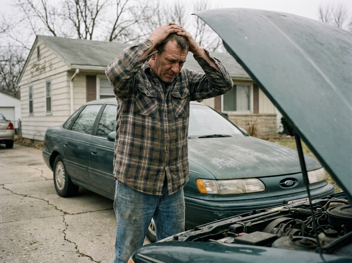 Frustrated older man standing over the open hood of a car in his driveway