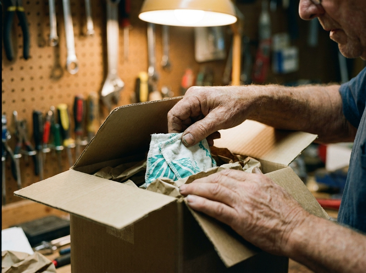 Older man unboxing a small product on a garage workbench