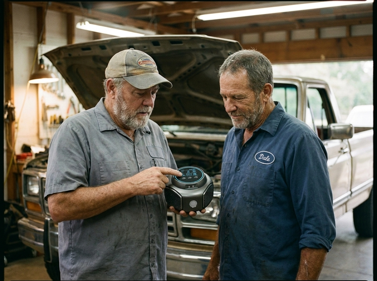 Mechanic showing a customer the Rodent Shield device in a home garage shop