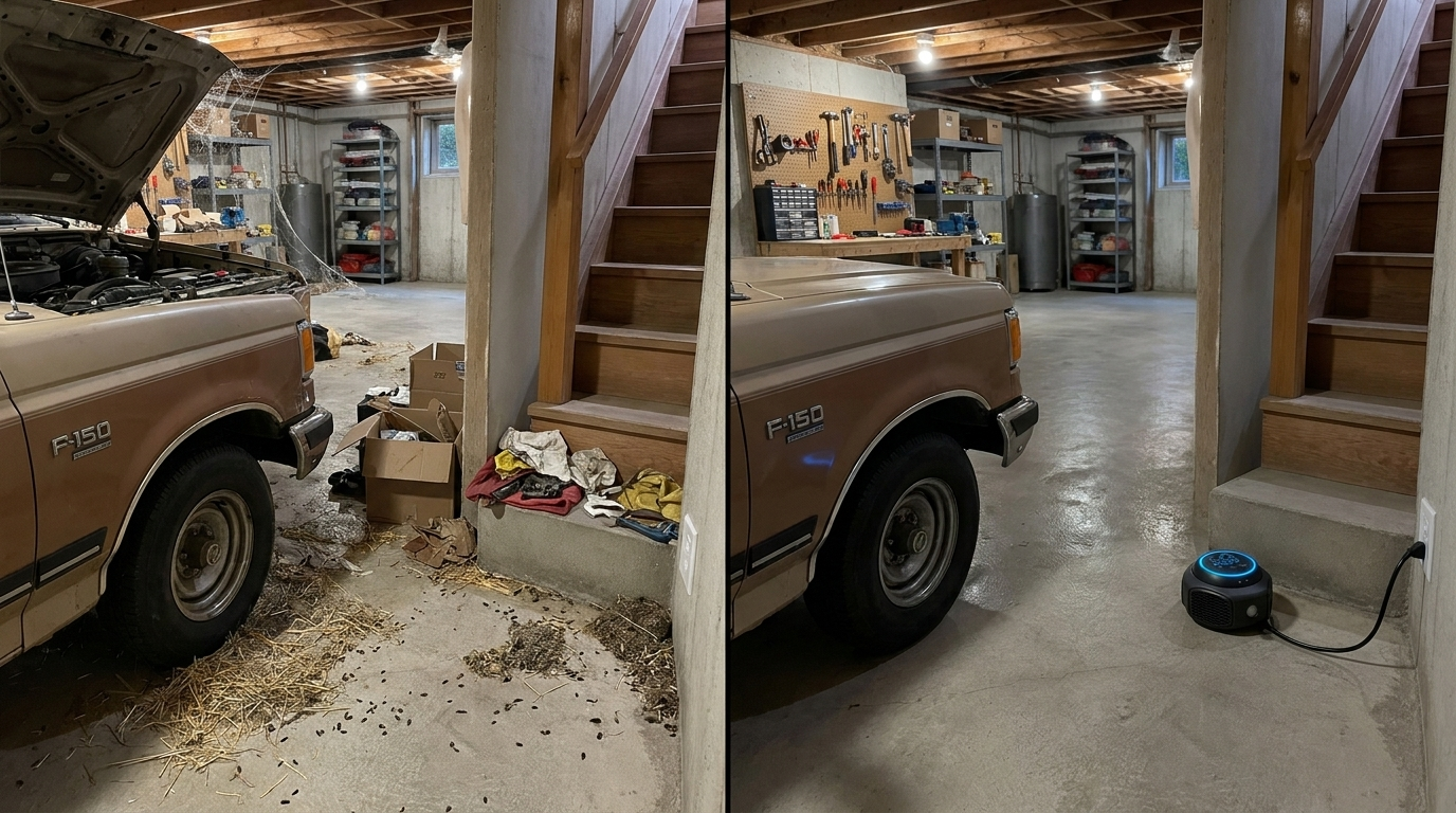 Split comparison: cluttered garage with rodent nesting versus a tidy garage with the Rodent Shield plugged in