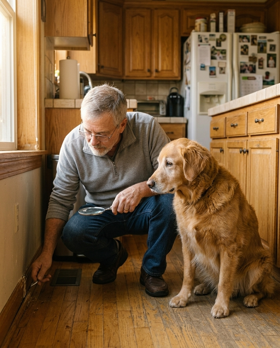 David inspecting a baseboard gap for entry points while his dog Cooper watches beside him