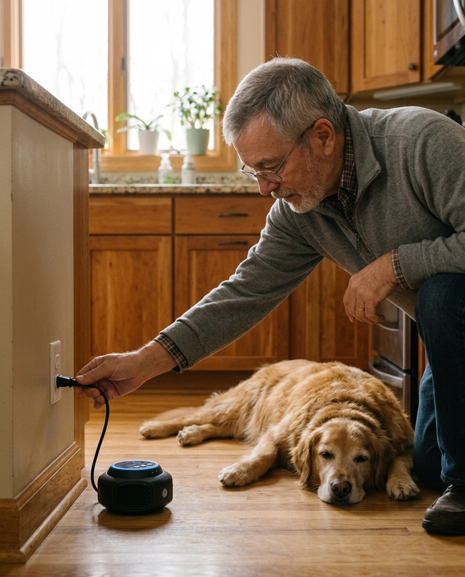 David setting the Rodent Shield near the baseboard, connected by cable to the wall outlet, with Cooper lying relaxed nearby