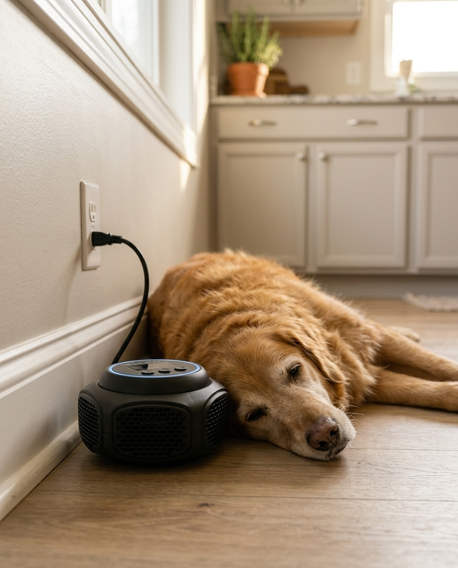 The Rodent Shield plugged into a kitchen baseboard outlet with Cooper the dog lying fully relaxed directly beside it