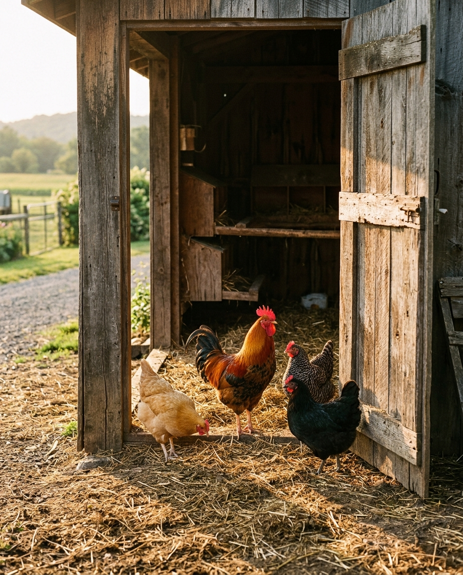 Rooster and hens in coop doorway