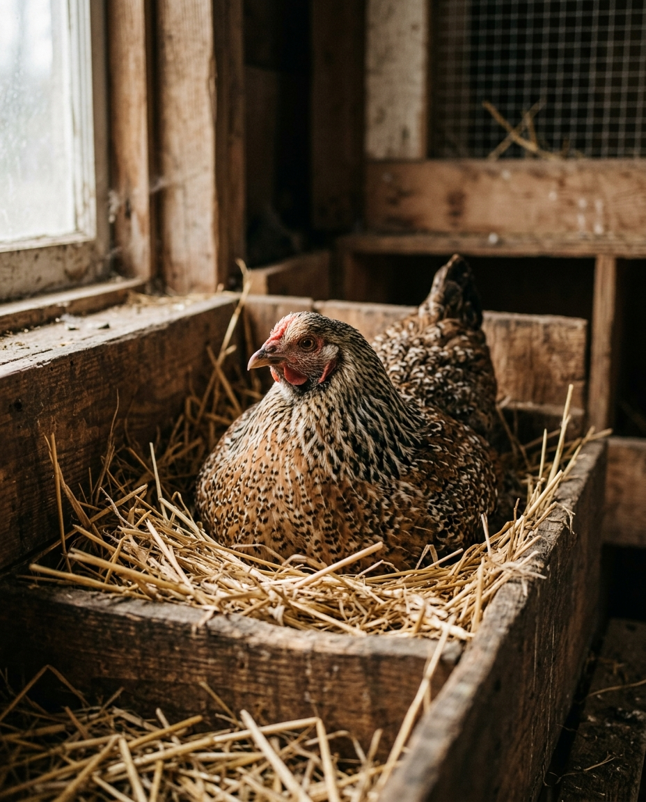Hen settled in nesting box