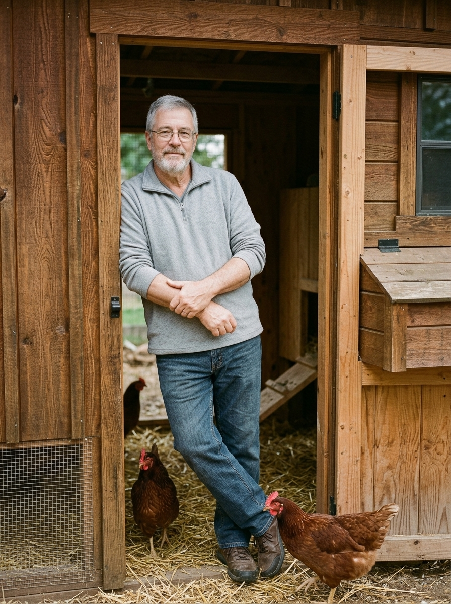 Chicken keeper, relieved, standing at coop door