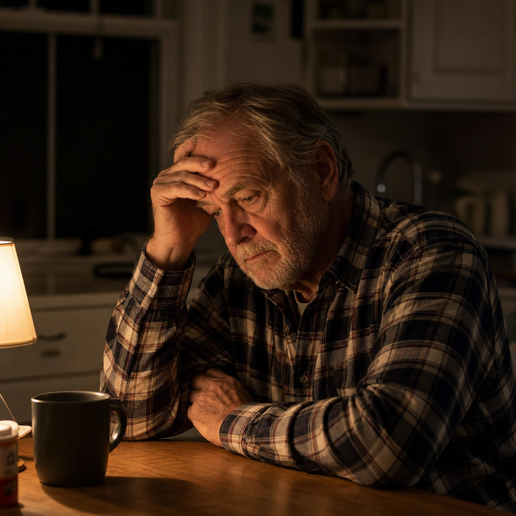 Tired homeowner at the kitchen table at night