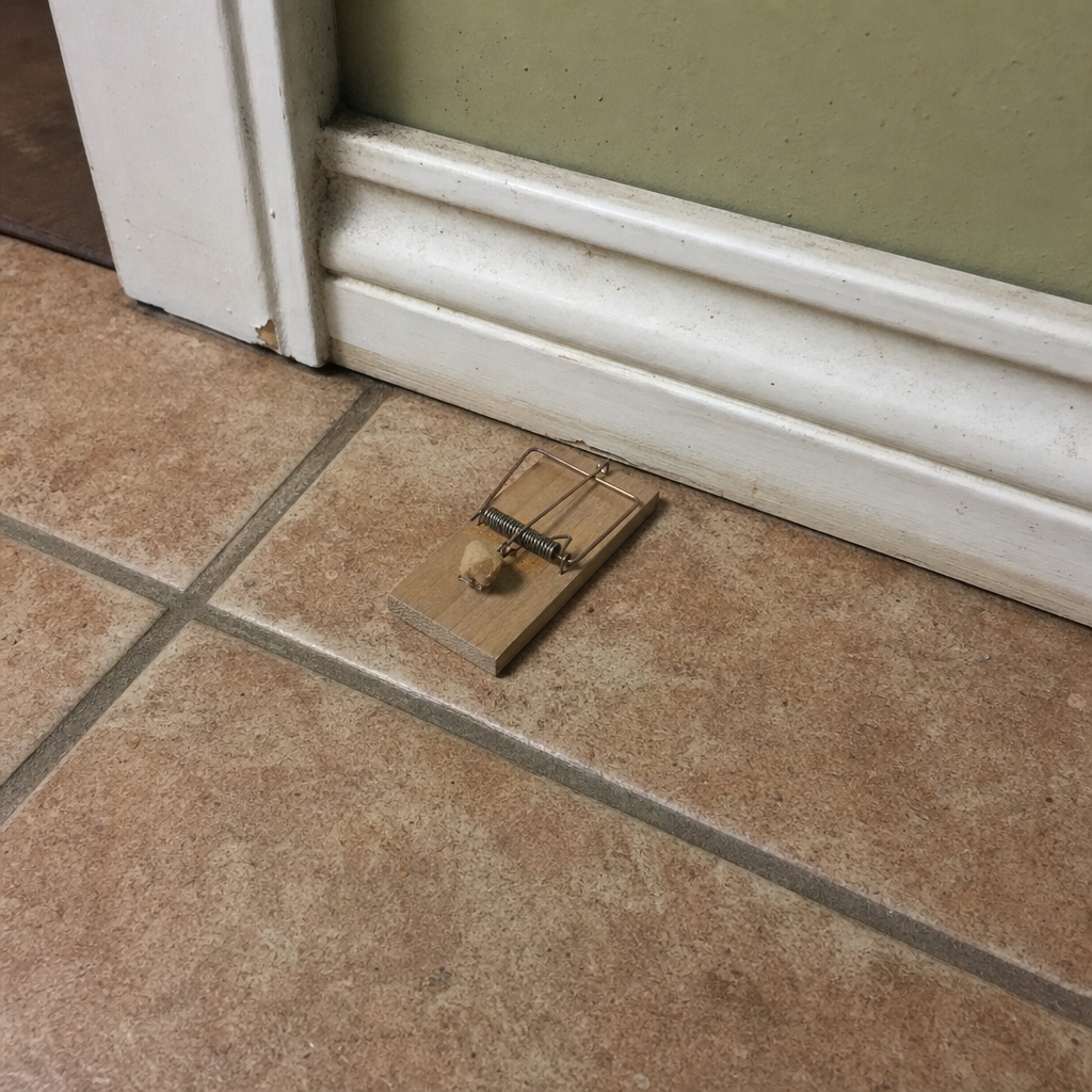 A snap trap set against a kitchen baseboard