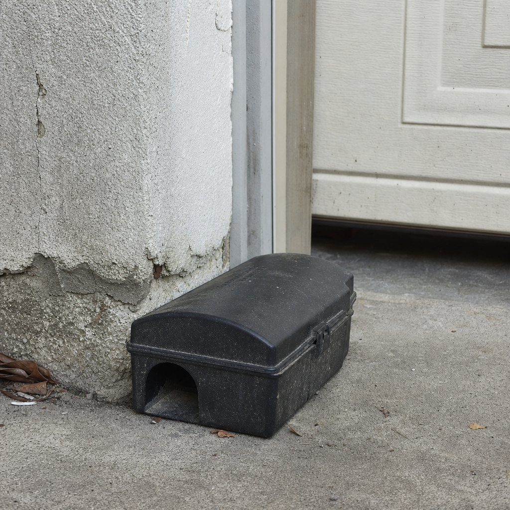 A bait station tucked against a garage wall