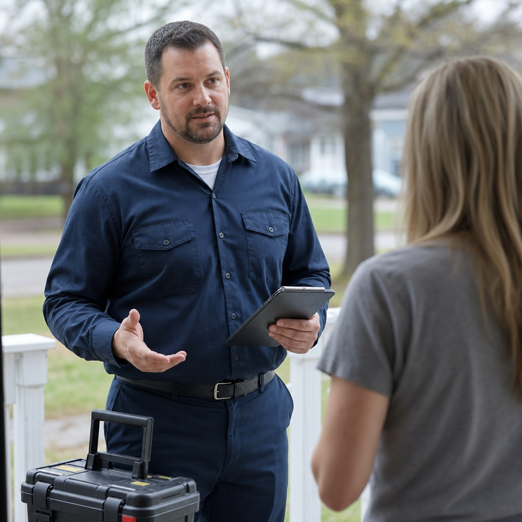 A pest control technician at a homeowner's front porch