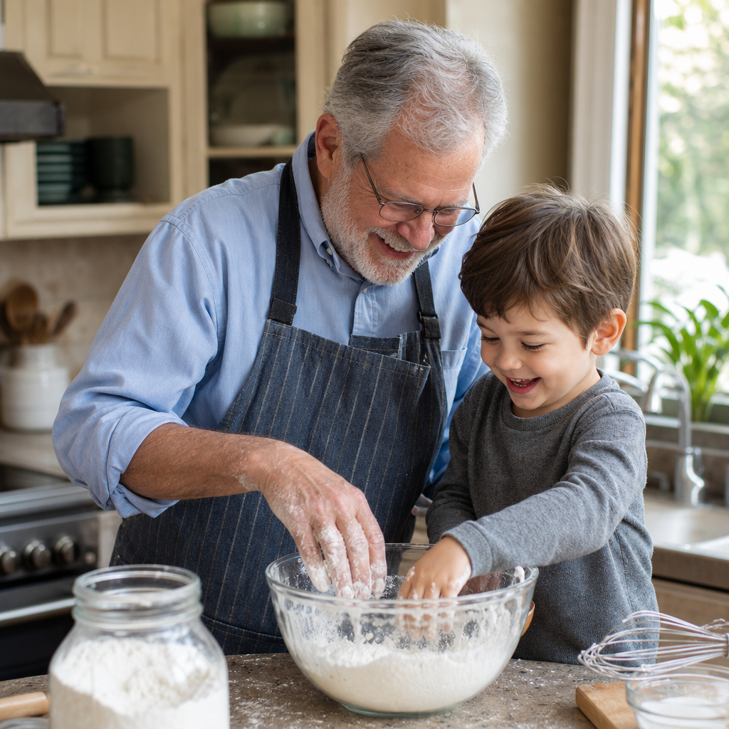 Homeowner with his grandchild in the kitchen