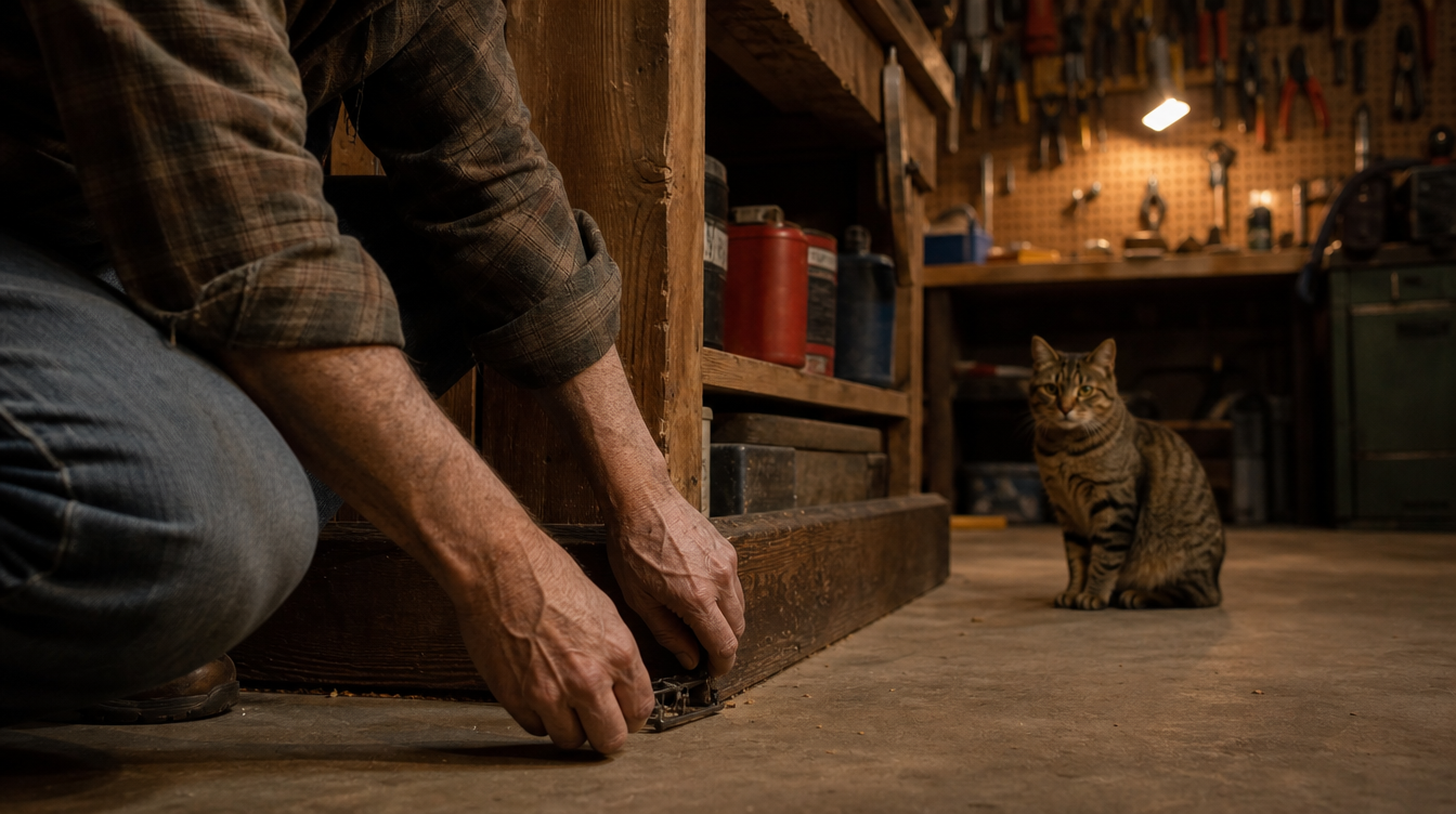 Homeowner checking a trap at the garage workbench while the cat watches