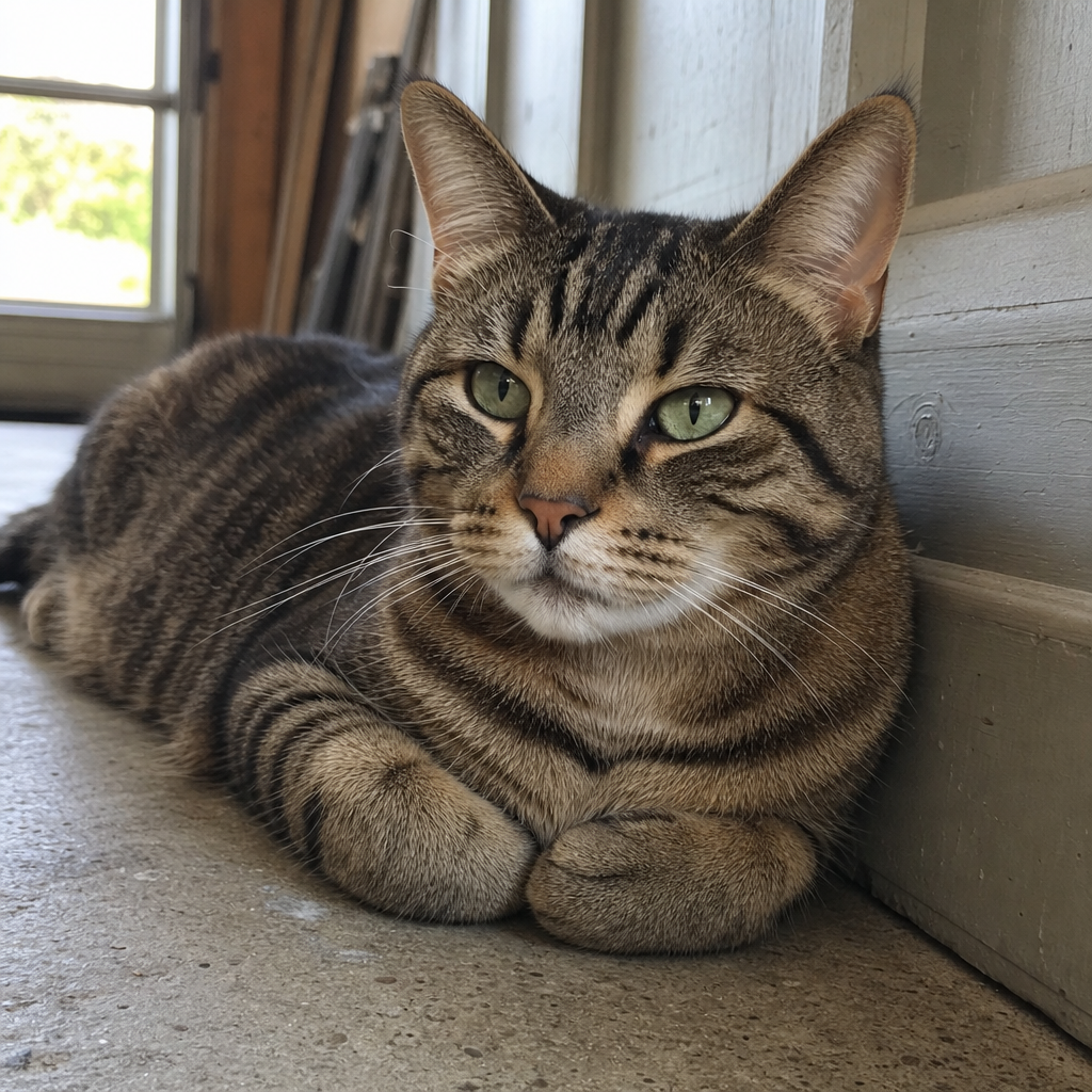 Cat resting calmly near the baseboard weeks later