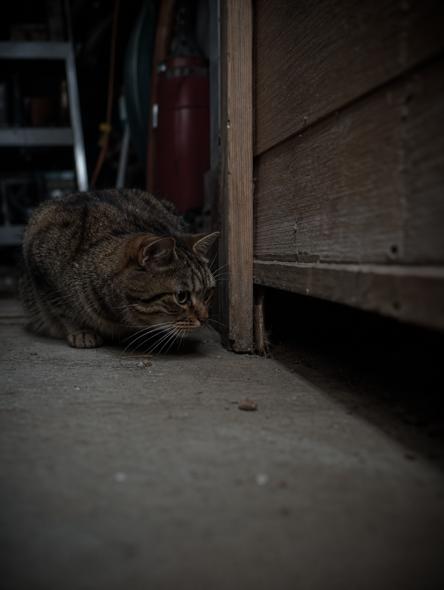 Tense cat staring at a baseboard gap