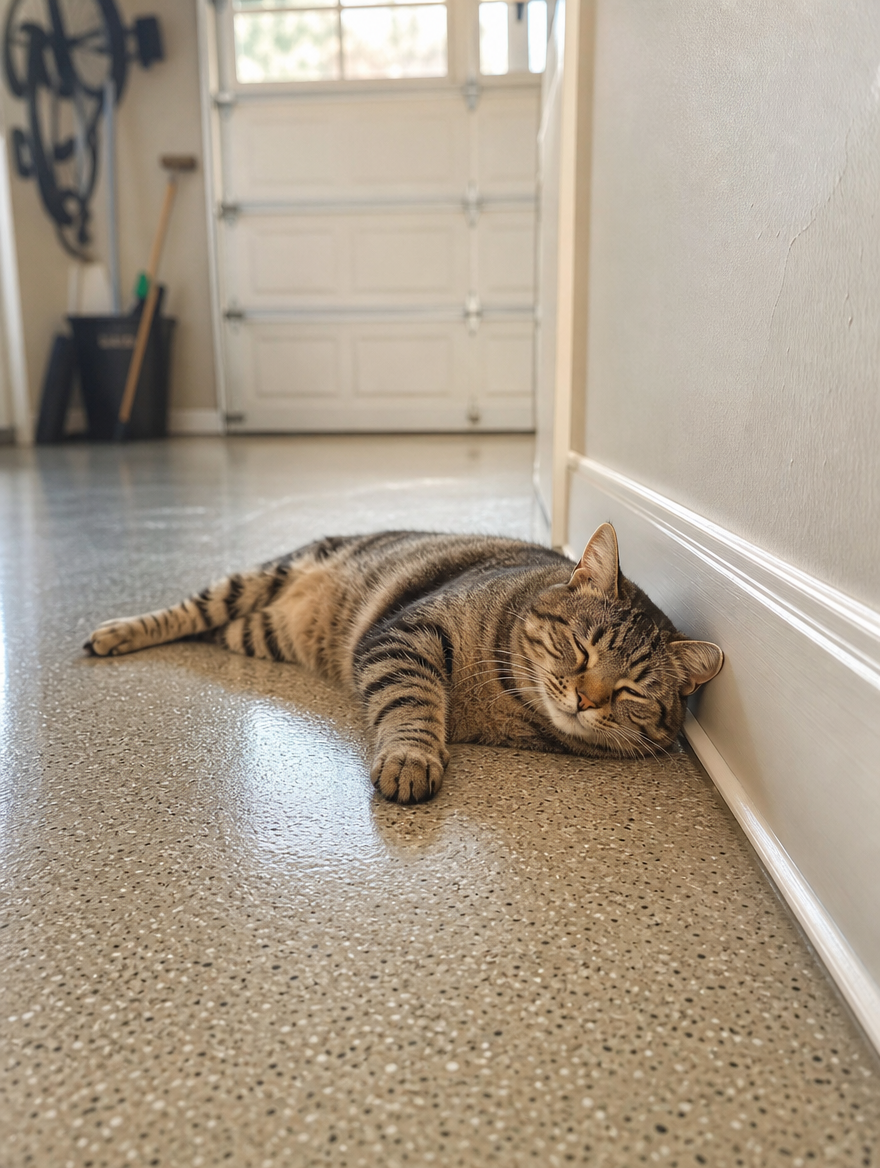 Calm cat relaxed in a clean garage