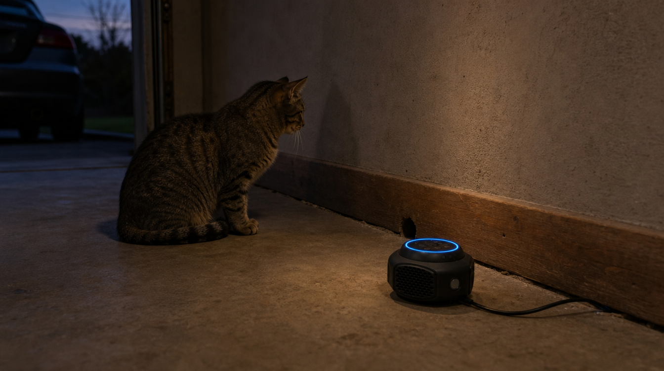 Cat frozen mid-stare at a baseboard gap beside the glowing DremaTech Rodent Shield