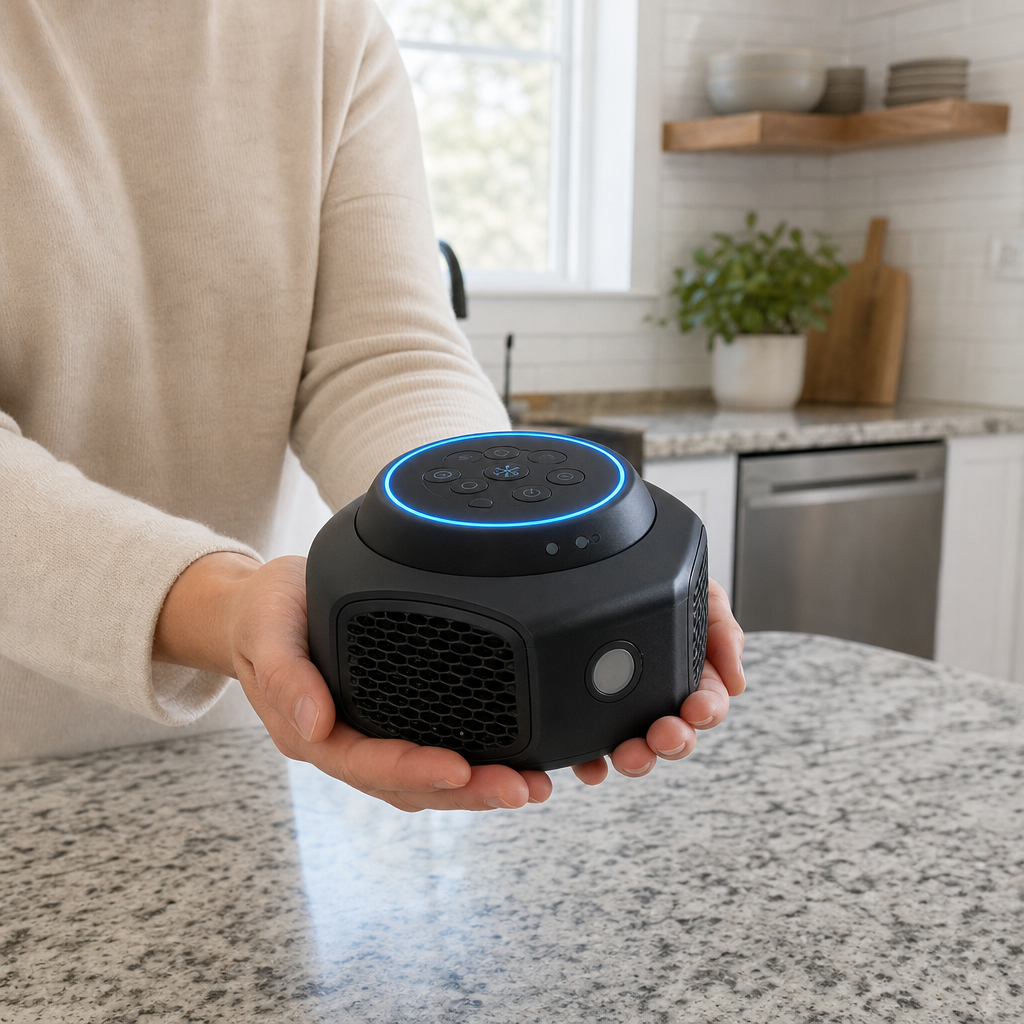 Customer presenting the Rodent Shield on a kitchen counter