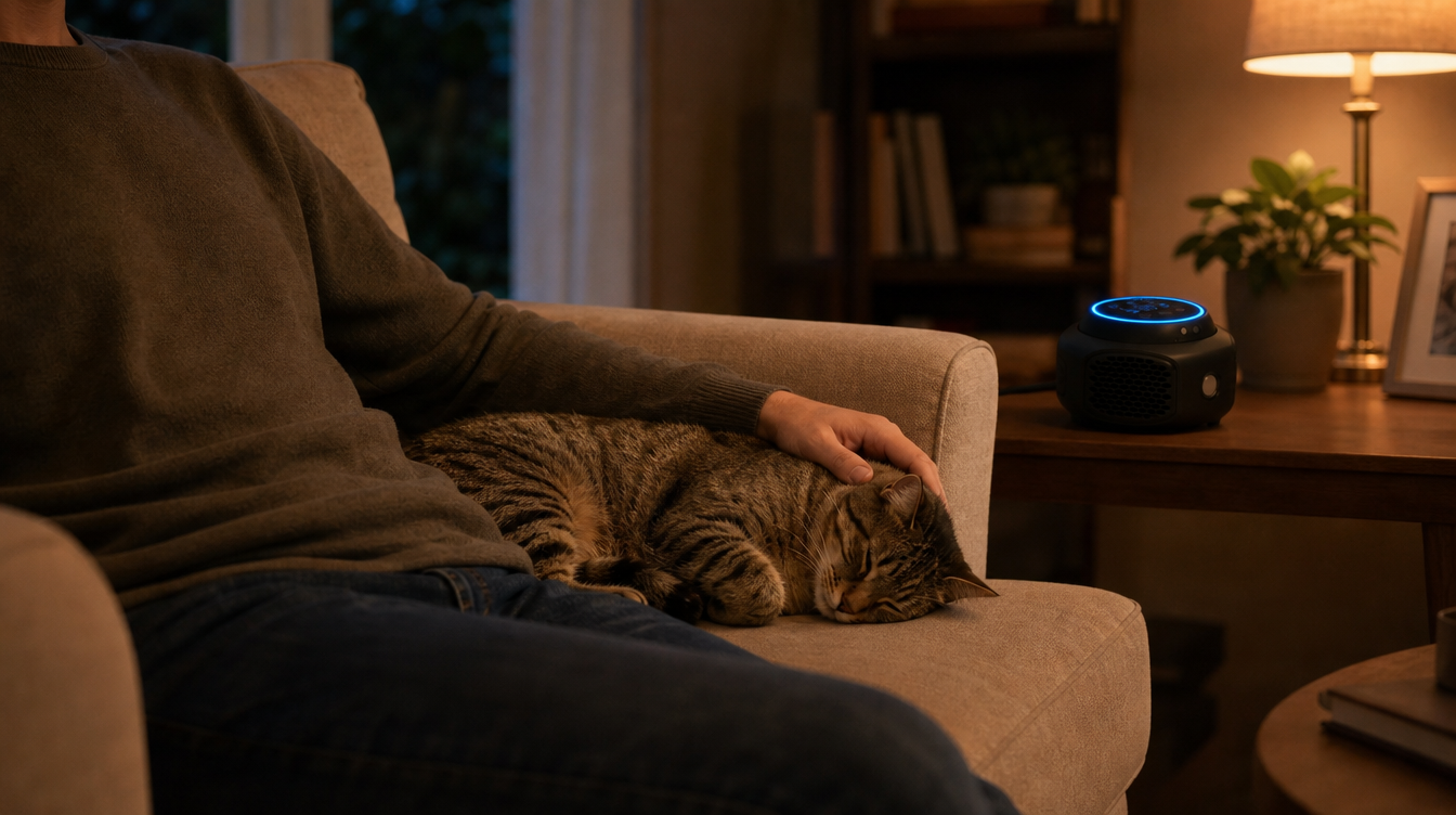 Homeowner relaxed on the sofa, cat curled up nearby, Shield visible in the background