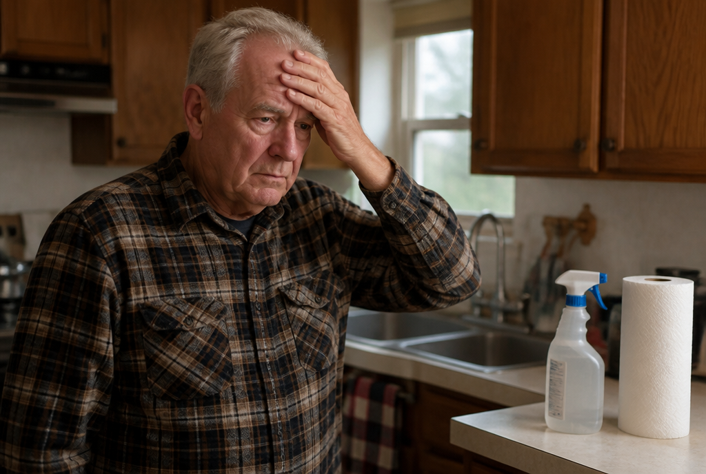 Trevor, worried, standing in his kitchen with disinfectant and paper towels on the counter