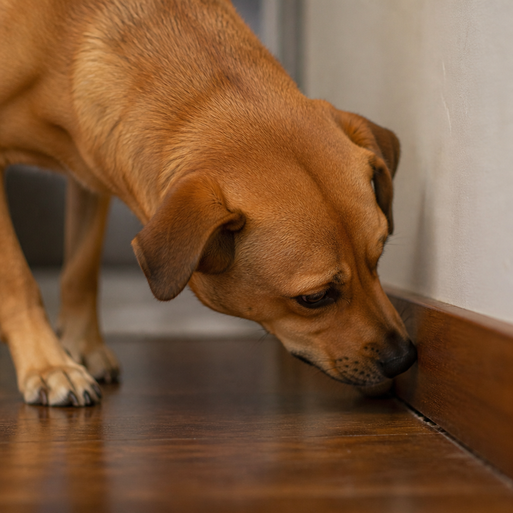 Duke sniffing along the baseboard near a wall gap