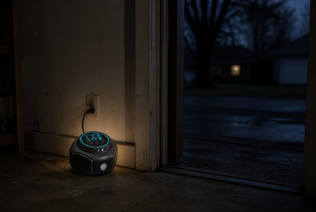 The 4-in-1 Rodent Shield plugged in near a utility room baseboard at dusk