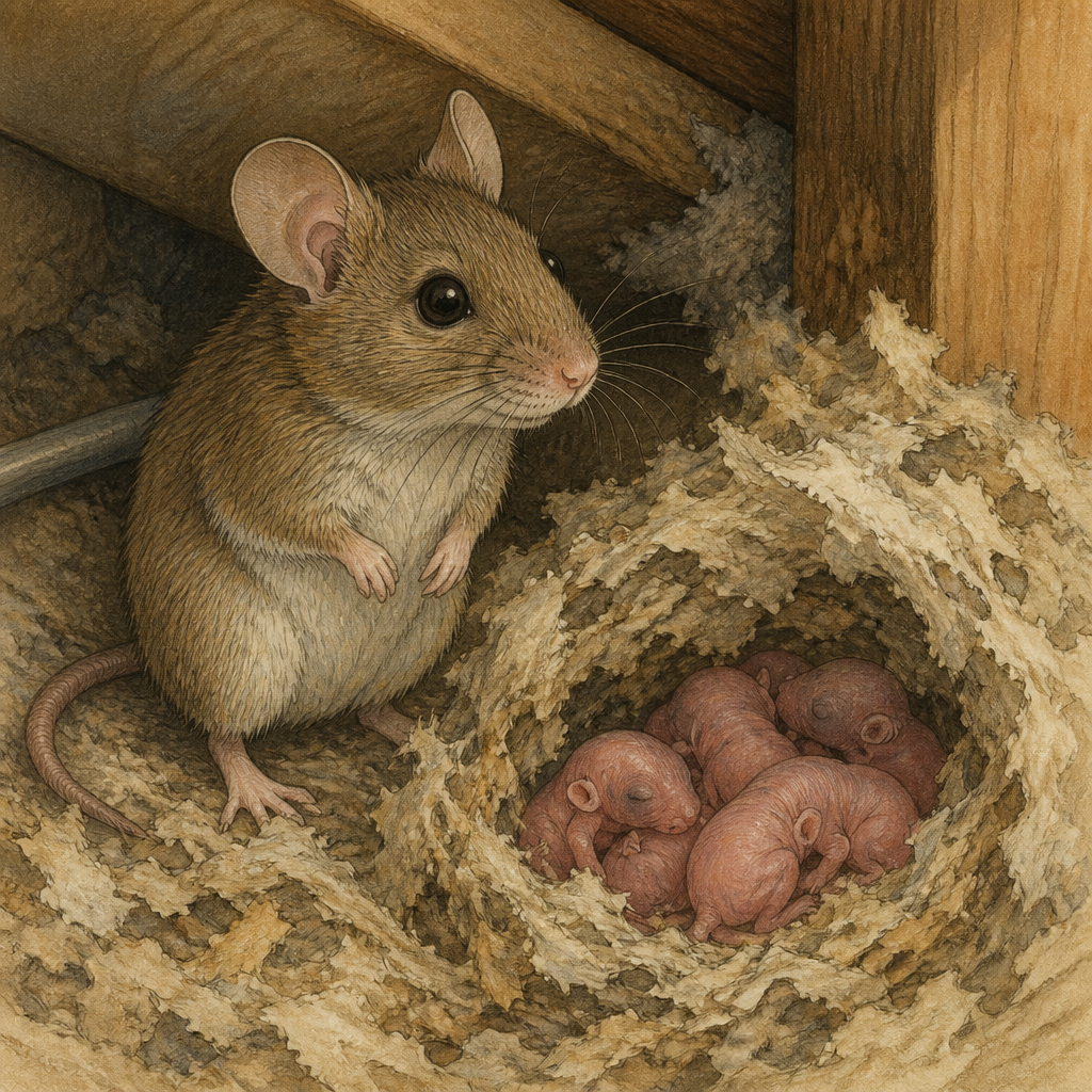 Illustration of a mother mouse with newborn pups in a torn insulation nest