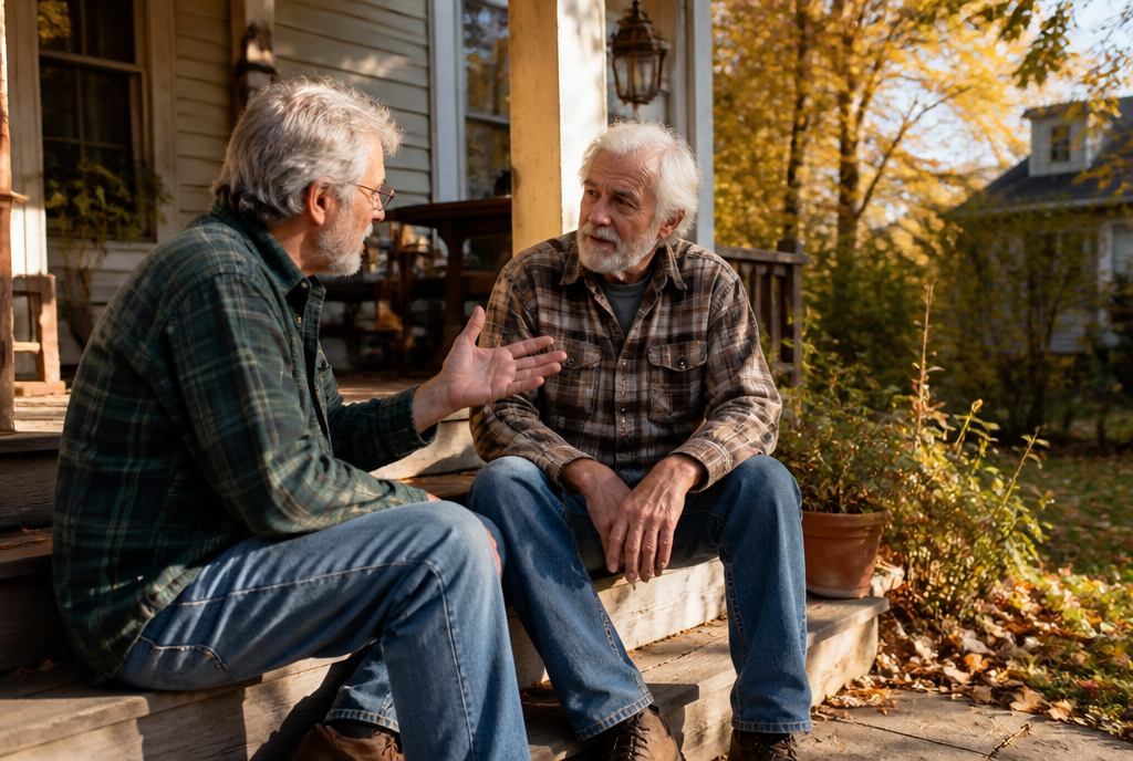 Trevor and Stan talking on the porch step in autumn